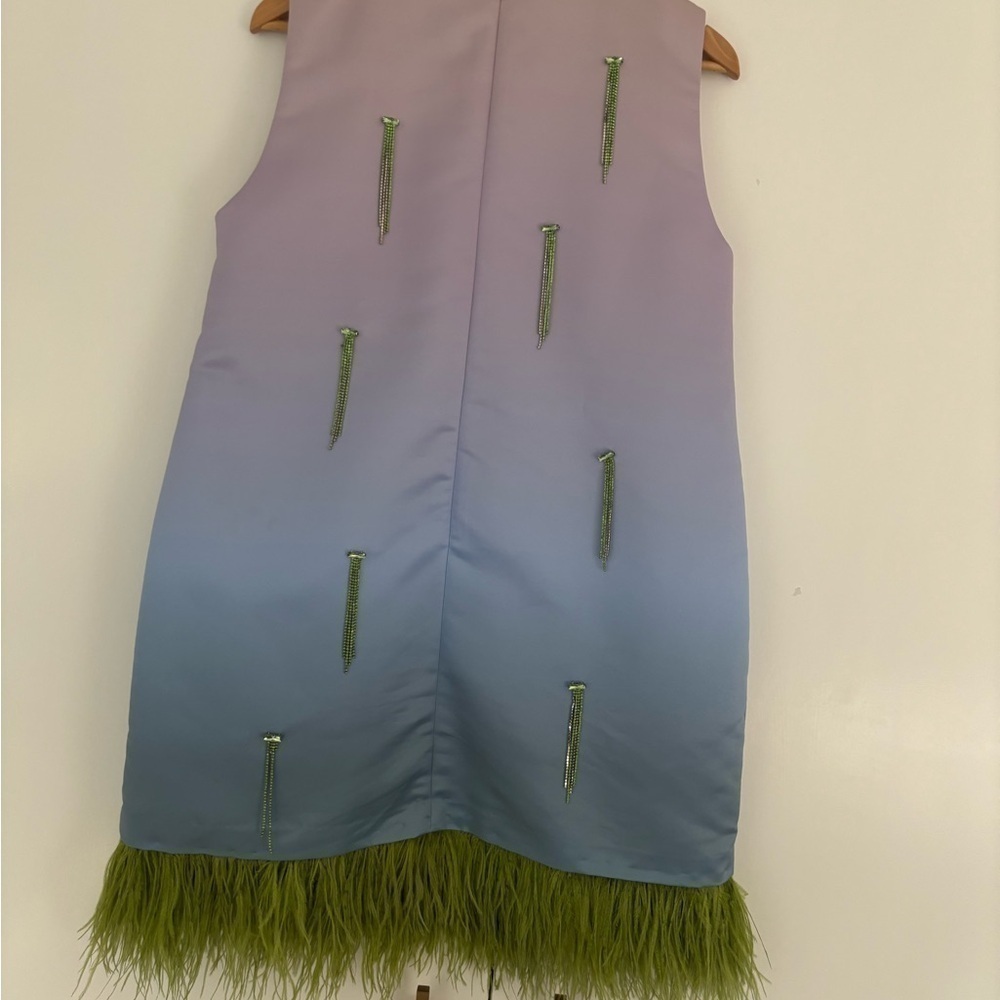 Cynthia Rowley Lavender to Blue Ombre Shift Dress with Green Feather Hem - Picture 11 of 16
